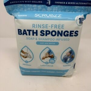 NEW‎ Scrubzz Rinse-Free Bath Sponges Soap & Shampoo 25 Pack Camping Elder Care